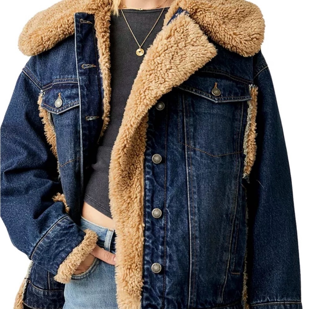 Free People Holly Cozy Denim Sherpa Jacket - Size Small